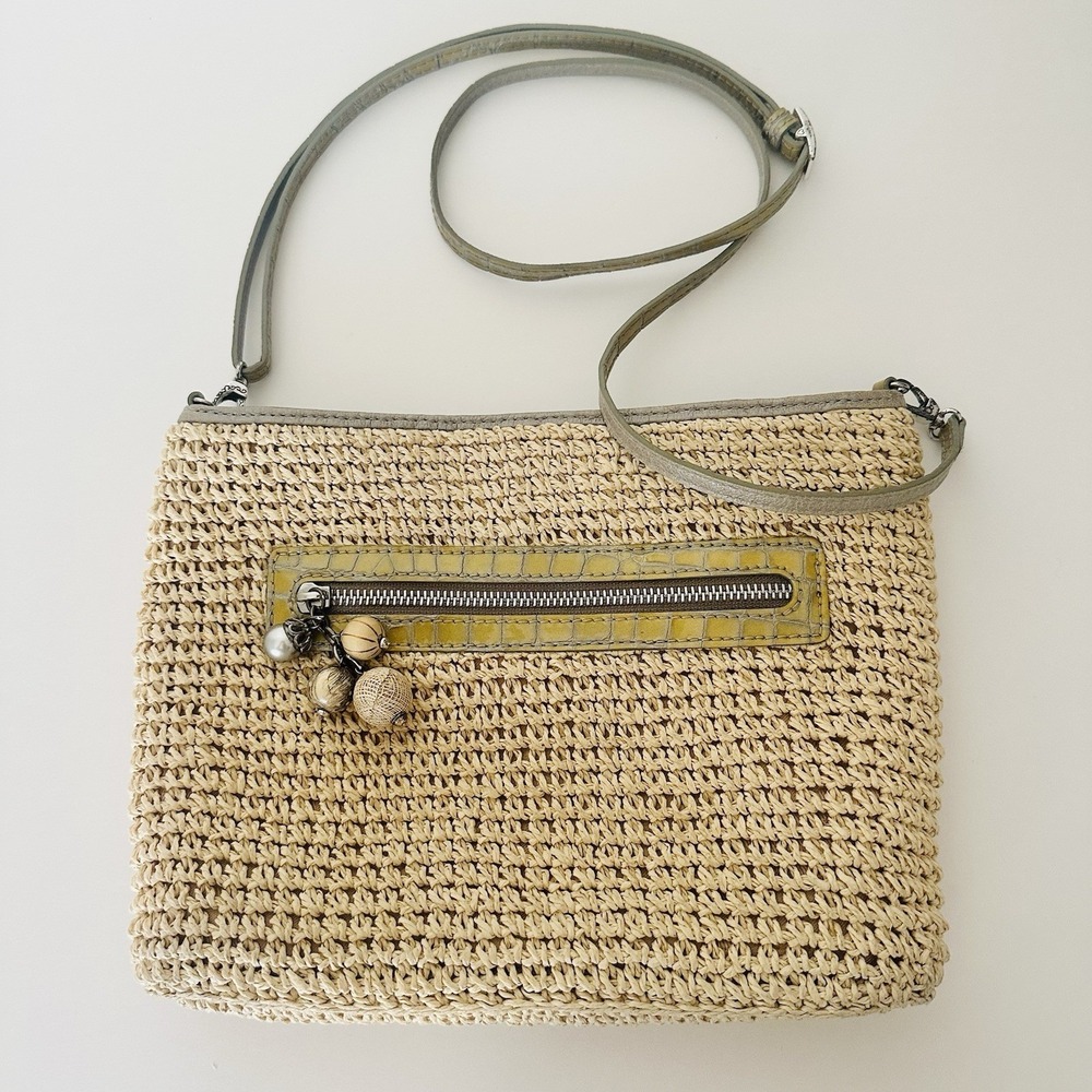 Brighton Straw Woven Braided Crossbody Bag Purse Tan Yellow Crocodile Trim